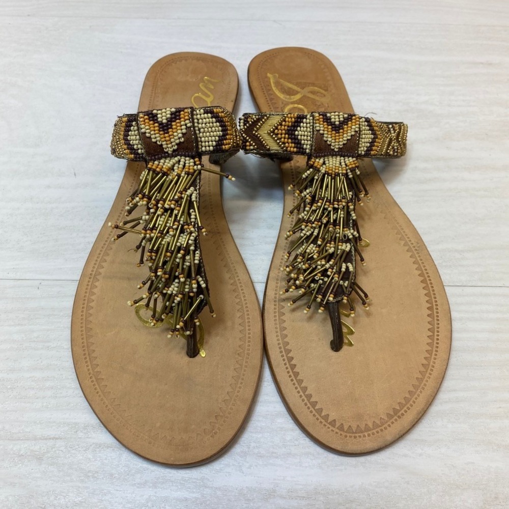 Sam Edelman Womens 9 Beaded Thong Sandals Boho Brown Leather Sole Fringe Flat 39
